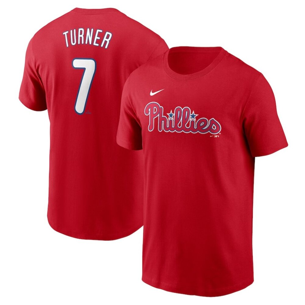 Men's Philadelphia Phillies Trea Turner Nike Red Fuse Name & Number T-Shirt